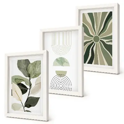 Set 3 tablouri cu motive vegetale și forme geometrice în nuanțe de verde
