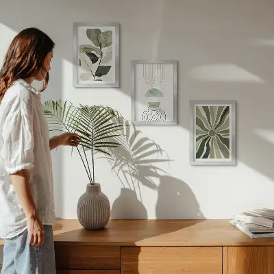 Set 3 tablouri cu motive vegetale și forme geometrice în nuanțe de verde