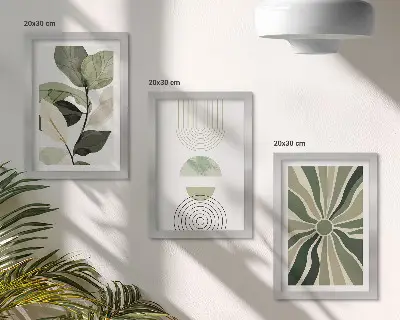 Set 3 tablouri cu motive vegetale și forme geometrice în nuanțe de verde
