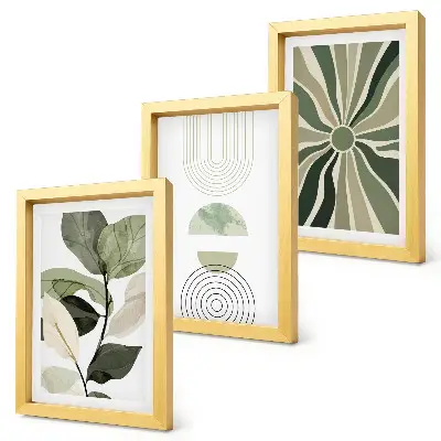 Set 3 tablouri cu motive vegetale și forme geometrice în nuanțe de verde