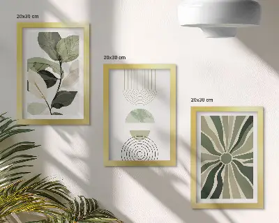 Set 3 tablouri cu motive vegetale și forme geometrice în nuanțe de verde