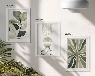 Set 3 tablouri cu motive vegetale și forme geometrice în nuanțe de verde