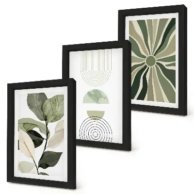 Set 3 tablouri cu motive vegetale și forme geometrice în nuanțe de verde
