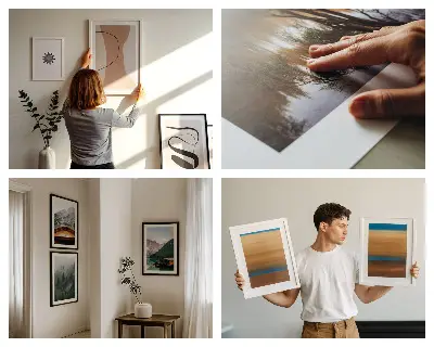 Set 3 tablouri cu motive vegetale și forme geometrice în nuanțe de verde