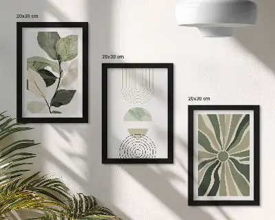 Set 3 tablouri cu motive vegetale și forme geometrice în nuanțe de verde