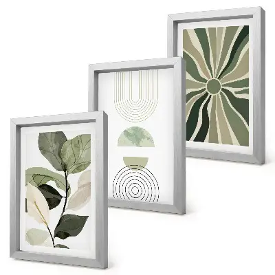 Set 3 tablouri cu motive vegetale și forme geometrice în nuanțe de verde
