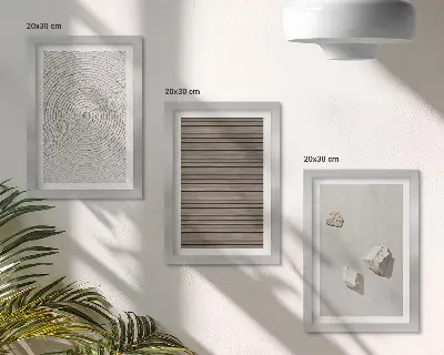 Galerie de perete cu texturi naturale de lemn, pietre și frânghie