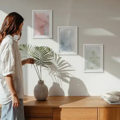 Galerie de perete cu acuarele colorate și structuri pastelate pe pânză