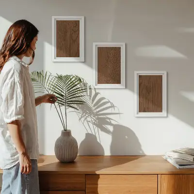 Galerie de perete cu model din lemn și textură de scoarță de copac în stil minimalist