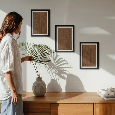 Galerie de perete cu model din lemn și textură de scoarță de copac în stil minimalist