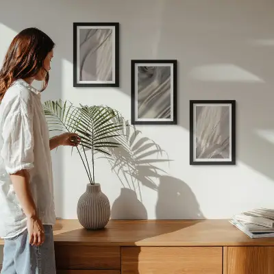 Set 3 tablouri cu prim-plan al structurilor de țesături naturale în stil boho