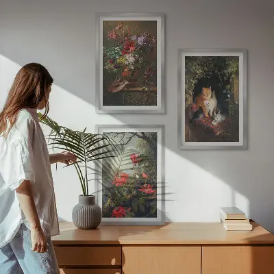 Set de tablouri pentru dormitor cu model de flori vintage și pisici în natură