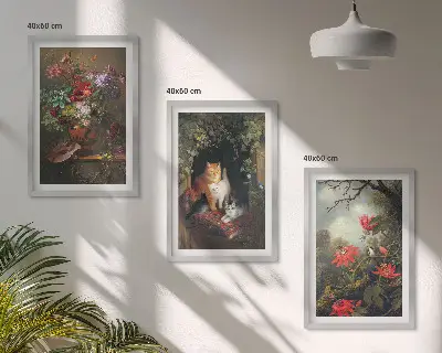 Set de tablouri pentru dormitor cu model de flori vintage și pisici în natură