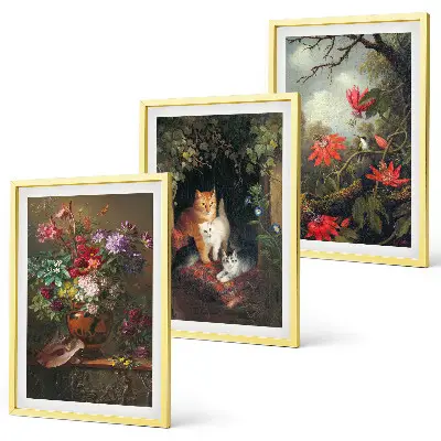 Set de tablouri pentru dormitor cu model de flori vintage și pisici în natură