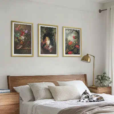 Set de tablouri pentru dormitor cu model de flori vintage și pisici în natură