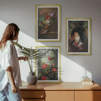 Set de tablouri pentru dormitor cu model de flori vintage și pisici în natură