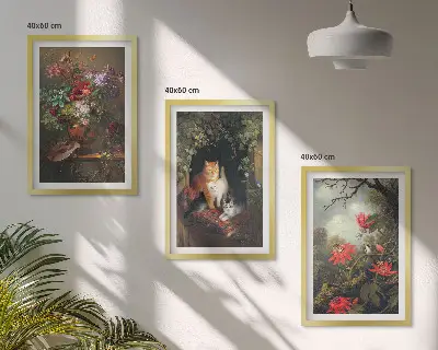 Set de tablouri pentru dormitor cu model de flori vintage și pisici în natură