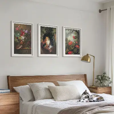 Set de tablouri pentru dormitor cu model de flori vintage și pisici în natură