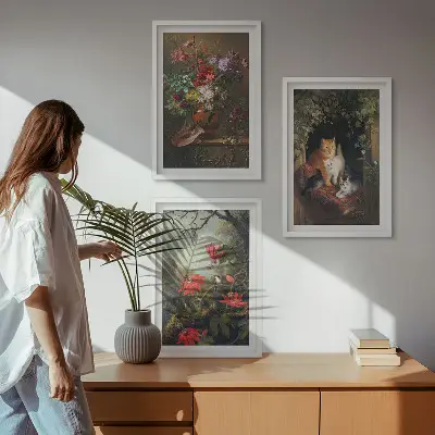 Set de tablouri pentru dormitor cu model de flori vintage și pisici în natură