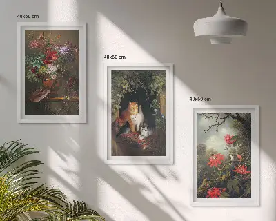 Set de tablouri pentru dormitor cu model de flori vintage și pisici în natură