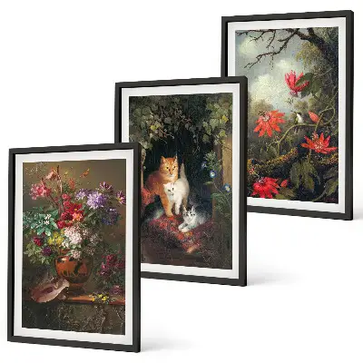 Set de tablouri pentru dormitor cu model de flori vintage și pisici în natură