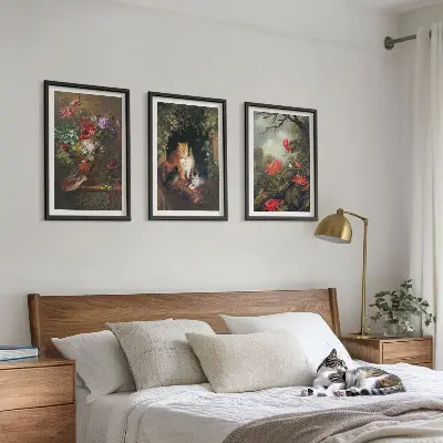 Set de tablouri pentru dormitor cu model de flori vintage și pisici în natură
