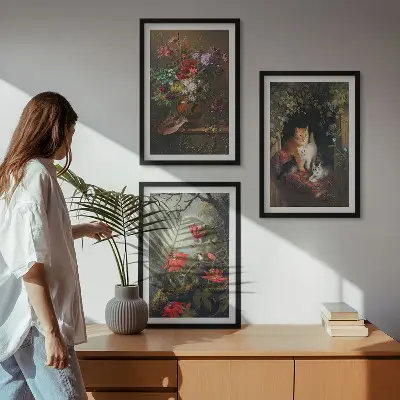 Set de tablouri pentru dormitor cu model de flori vintage și pisici în natură