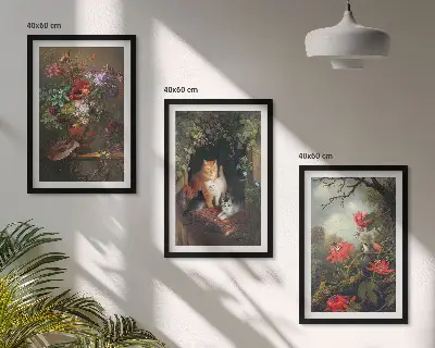 Set de tablouri pentru dormitor cu model de flori vintage și pisici în natură