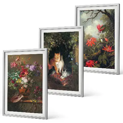 Set de tablouri pentru dormitor cu model de flori vintage și pisici în natură