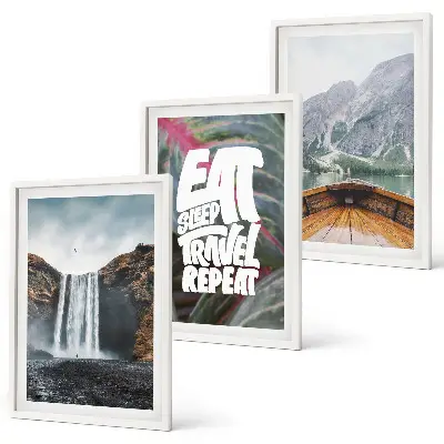 Set tablouri decorative cu peisaj montan cu cascadă și barcă
