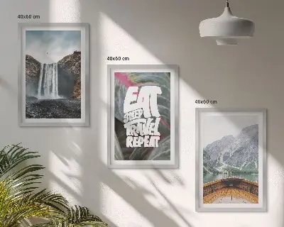 Set tablouri decorative cu peisaj montan cu cascadă și barcă