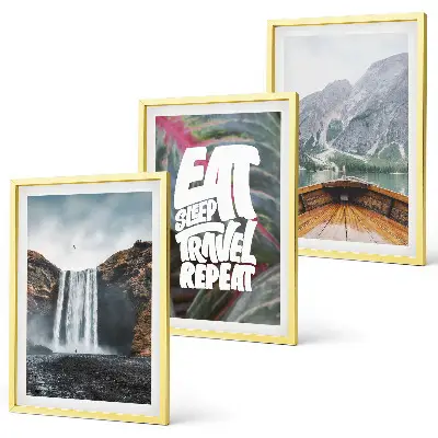 Set tablouri decorative cu peisaj montan cu cascadă și barcă