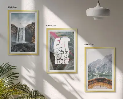 Set tablouri decorative cu peisaj montan cu cascadă și barcă