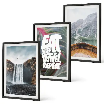 Set tablouri decorative cu peisaj montan cu cascadă și barcă