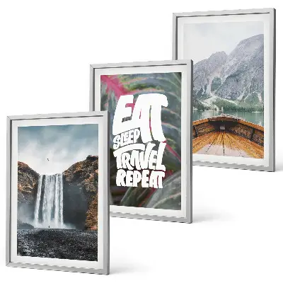 Set tablouri decorative cu peisaj montan cu cascadă și barcă