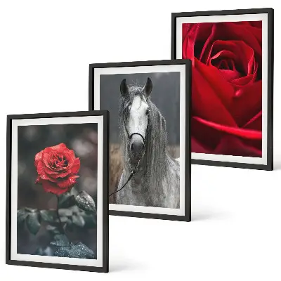 Set de tablouri decorative cu trandafiri roșii, cal și lume gri