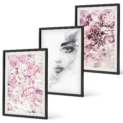 Set tablouri decorative Portret de femeie alb-negru cu bujori