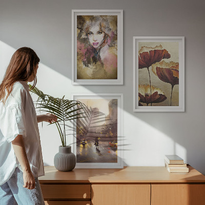 Set tablouri pentru dormitor Portret abstract al unei femei cu flori și ploaie