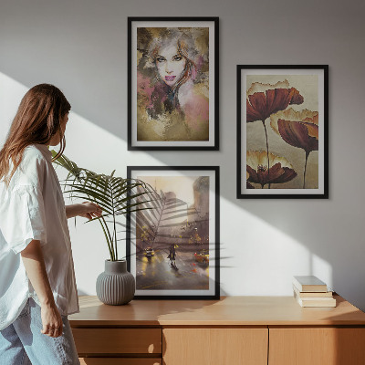 Set tablouri pentru dormitor Portret abstract al unei femei cu flori și ploaie