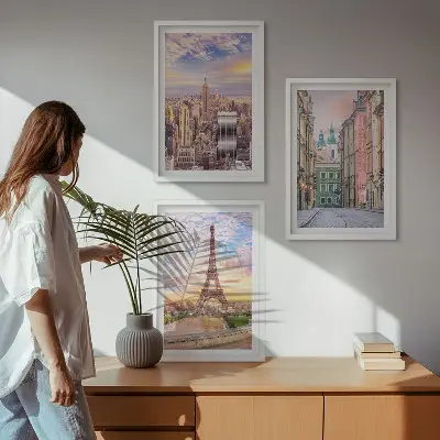 Set tablouri decorative orașe New York și Paris la amurg