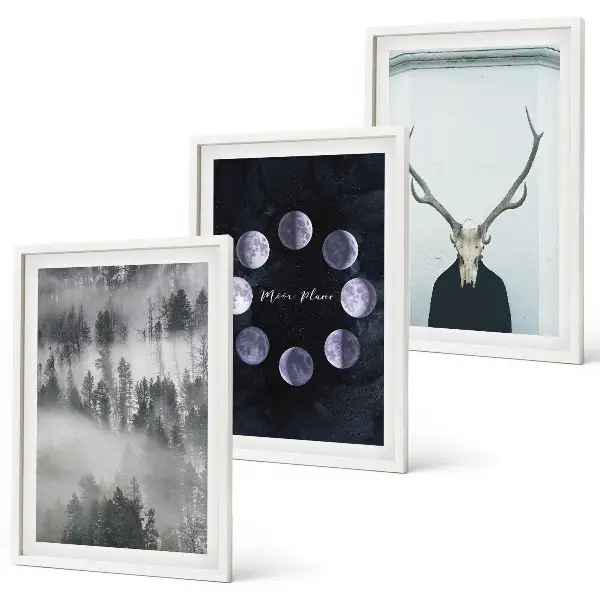 Set tablouri decorative cu peisaj forestier, ceață și craniu de cerb