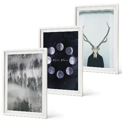 Set tablouri decorative cu peisaj forestier, ceață și craniu de cerb