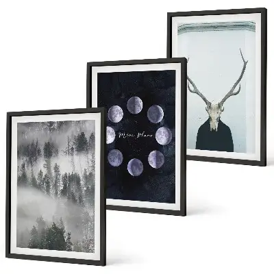 Set tablouri decorative cu peisaj forestier, ceață și craniu de cerb