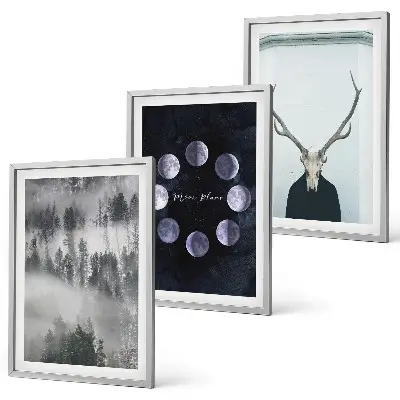 Set tablouri decorative cu peisaj forestier, ceață și craniu de cerb