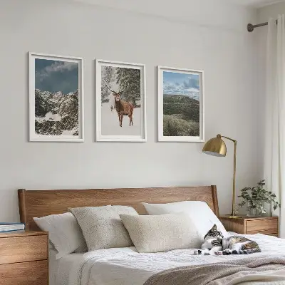 Set tablouri pentru dormitor peisaj forestier cu cerbi și zăpadă în munți