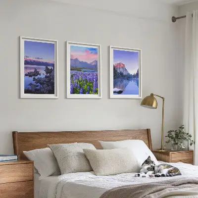 Set de tablouri pentru dormitor cu peisaje de munți, apă și cer