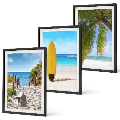 Set de tablouri decorative cu peisaj de vacanță cu plajă, valuri și palmieri