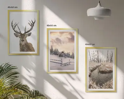 Set de tablouri pentru dormitor peisaj de iarnă cu colibă și cerbi
