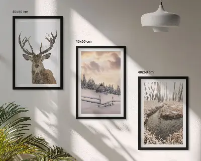 Set de tablouri pentru dormitor peisaj de iarnă cu colibă și cerbi