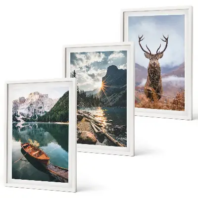 Set tablouri decorative cu lac de munte, barcă și cerb la apus